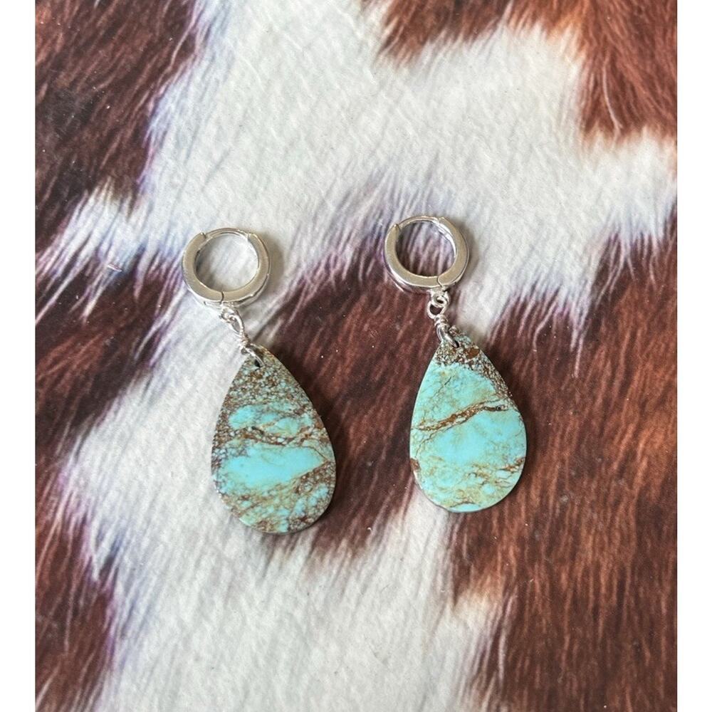 Kingman Turquoise And Sterling Silver Huggie Hoop Earrings Hand Crafted New